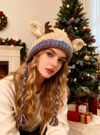 🎅Precio sorpresa: ¡solo 9,99 $!🎄🦌Cuernos navideños de punto hechos a mano 2 en 1 (gorro/bolso)🧶