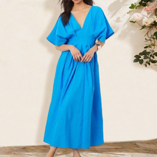 【😍😍Rebajas de verano 50% de descuento】Vestido largo plisado con escote en V y espalda descubierta
