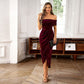 Vestido largo elegante con hombros descubiertos y fruncidos para mujer