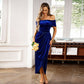 Vestido largo elegante con hombros descubiertos y fruncidos para mujer