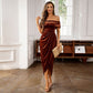 Vestido largo elegante con hombros descubiertos y fruncidos para mujer