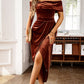 Vestido largo elegante con hombros descubiertos y fruncidos para mujer