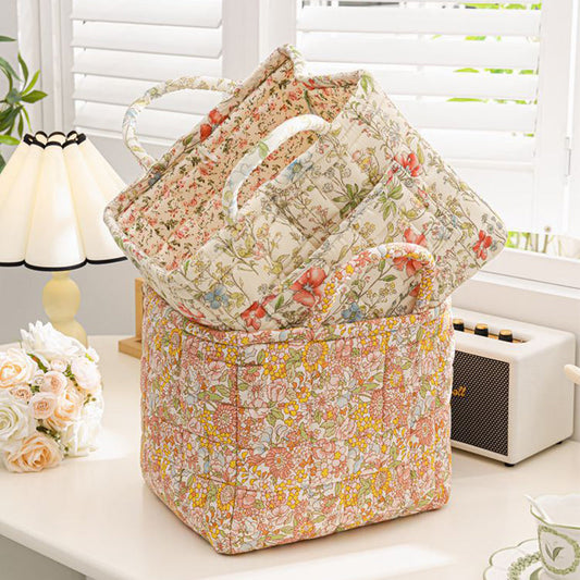 Cesta portátil de tela floral para guardar cosas