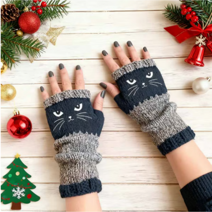 Guantes sin dedos de punto con estampado de gatos